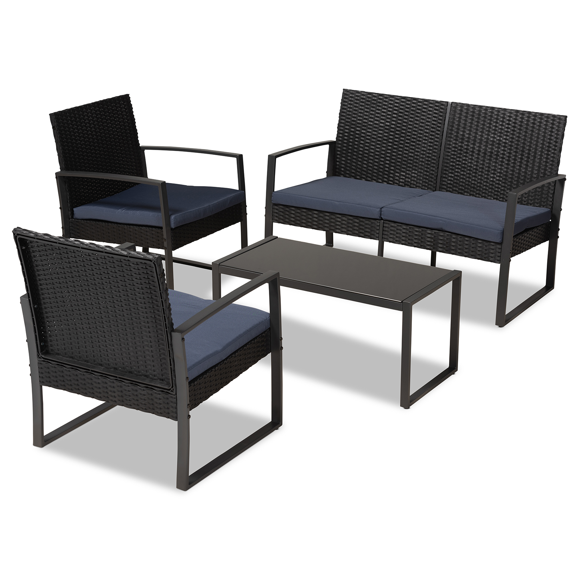Baxton Studio Greta Modern and Contemporary Dark Blue Fabric Upholstered and Black Finished Metal and Synthetic Rattan 4-Piece Patio Set
